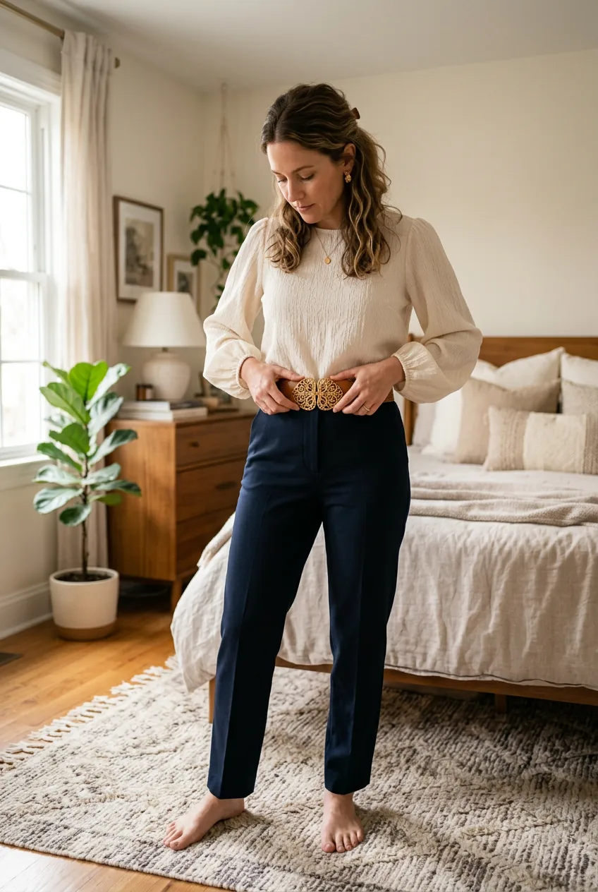 Woman adjusting statement belt placement over fancy top for visual balance