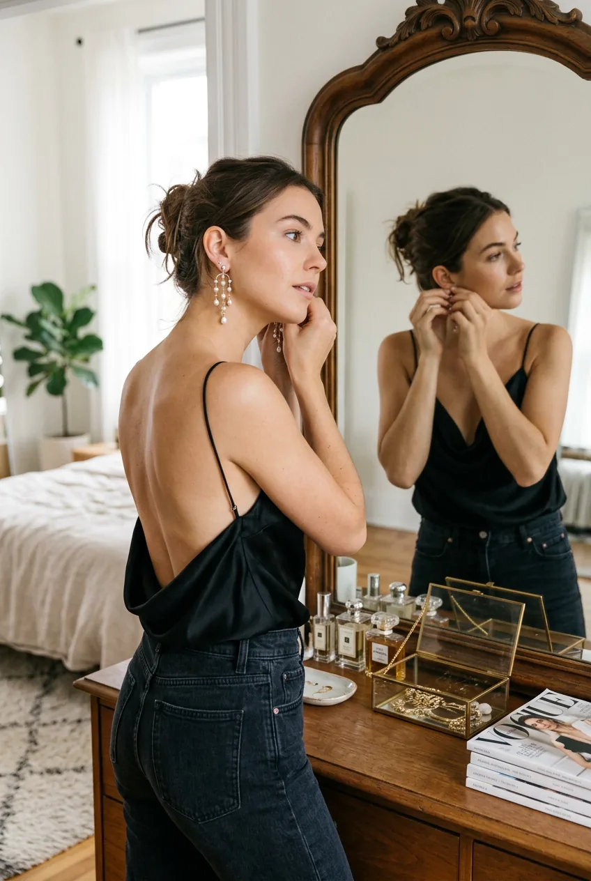 Woman putting on delicate statement earrings while wearing backless top in bedroom mirror