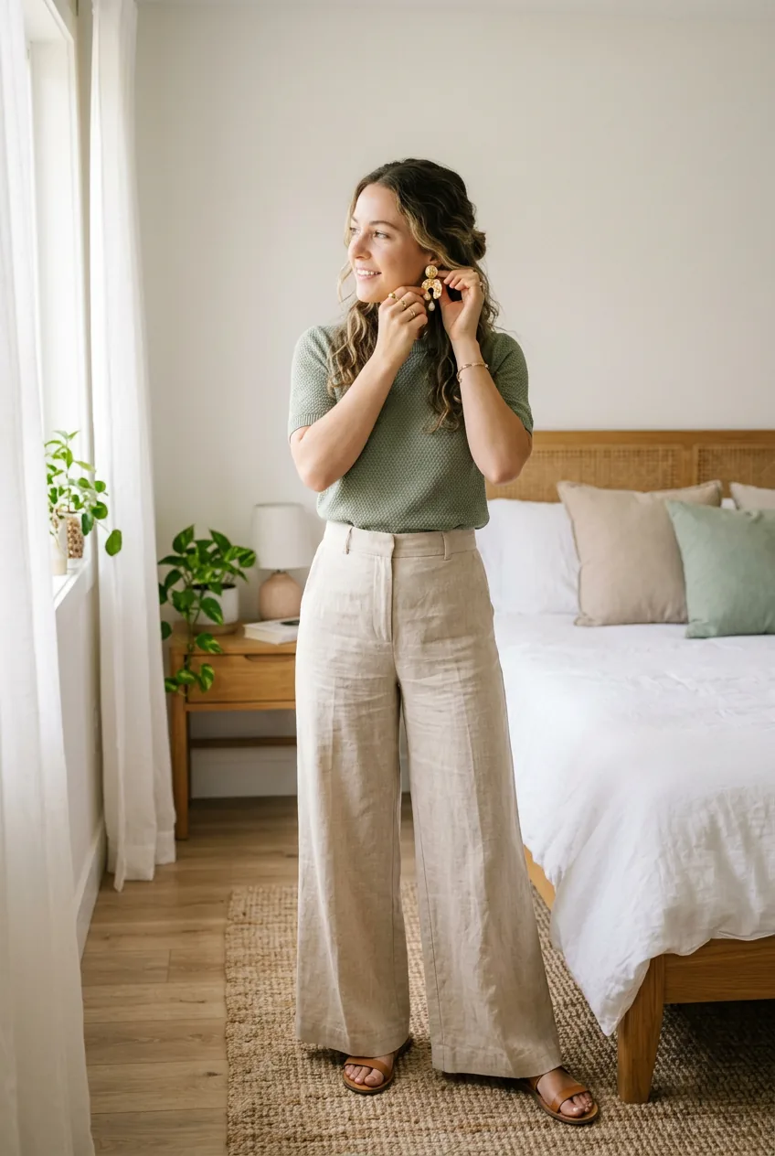 Woman wearing wide-leg pants with statement earrings touching jewelry in bedroom setting