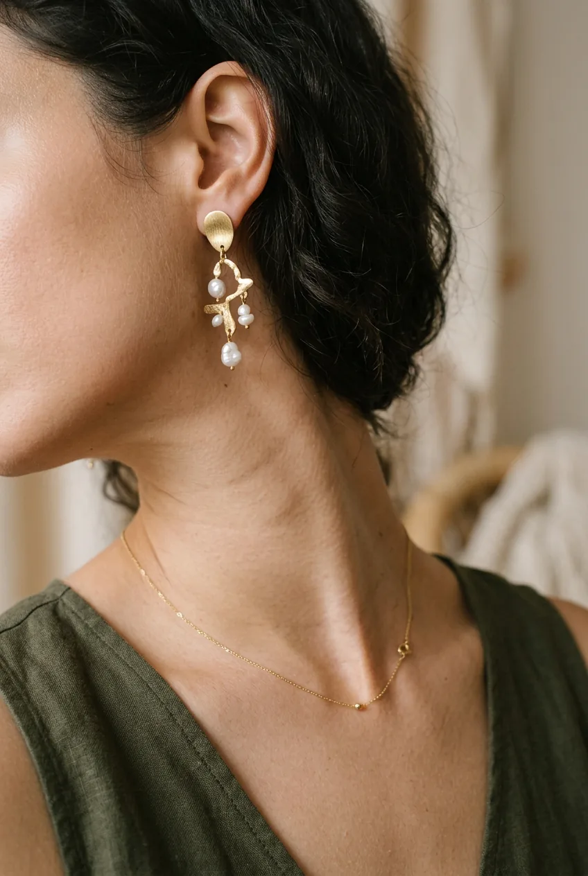 Close-up showing statement earrings paired with minimal delicate chain necklace on woman's neck