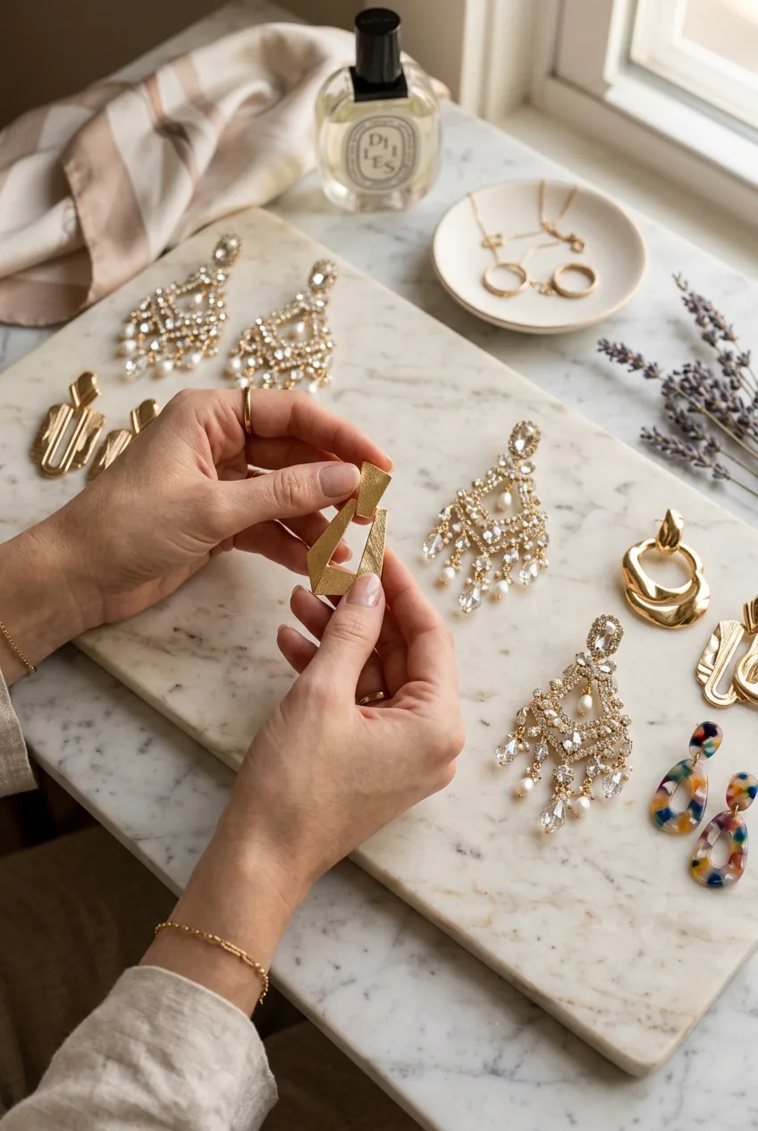 Woman's hands comparing different statement earrings on marble vanity surface in morning light