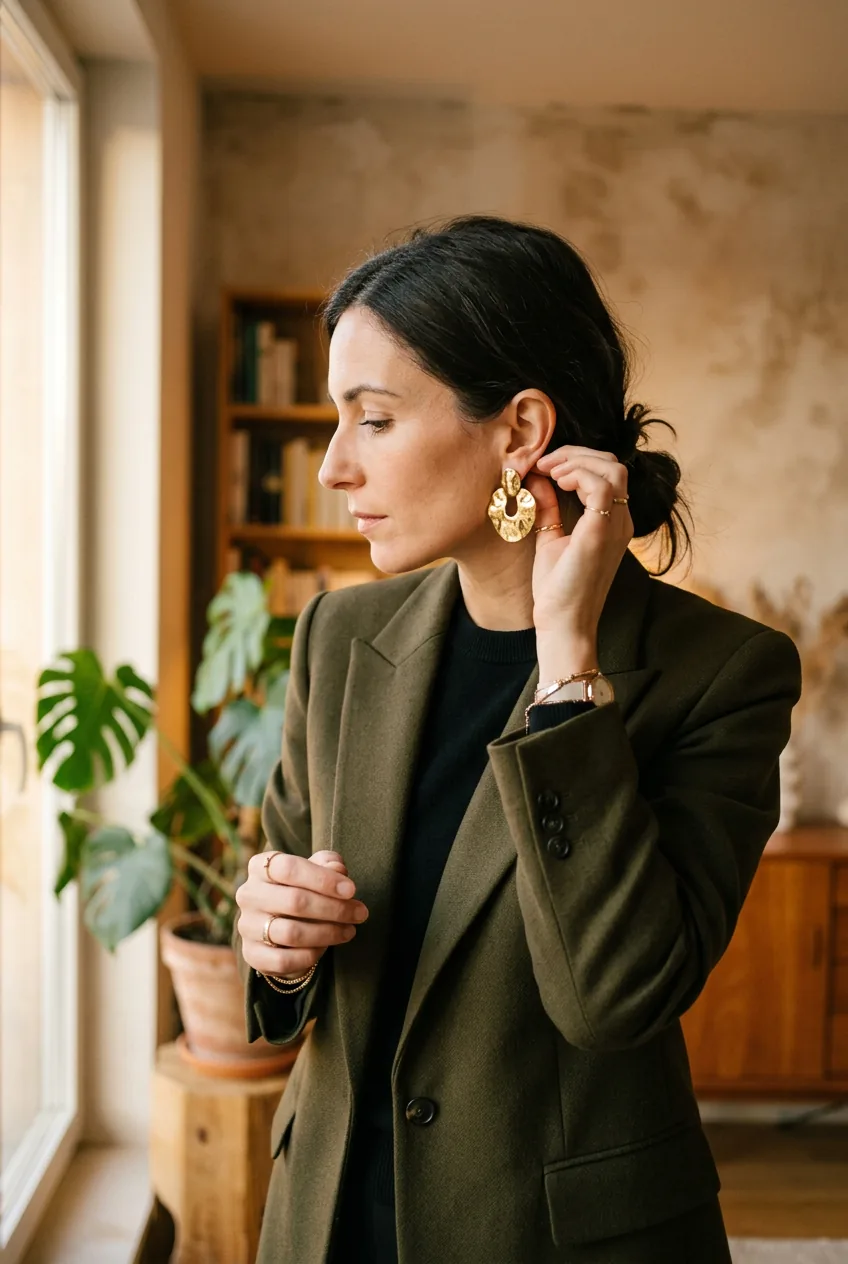 Woman adjusting statement earrings while wearing structured outfit pieces in natural lighting profile shot