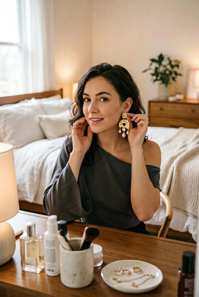 Woman wearing asymmetrical top with statement earrings positioned for visual balance