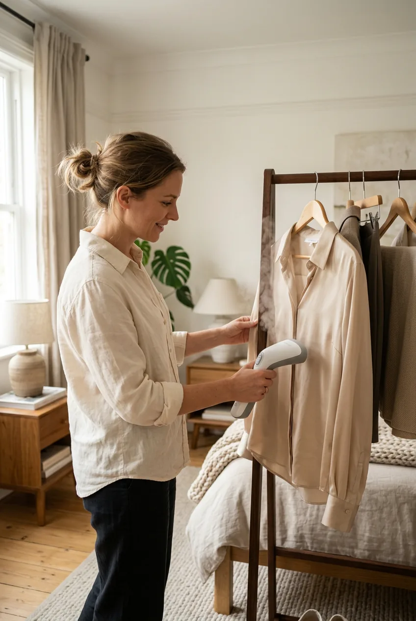 Woman steaming fancy silk blouse on hanger in bedroom with natural window light