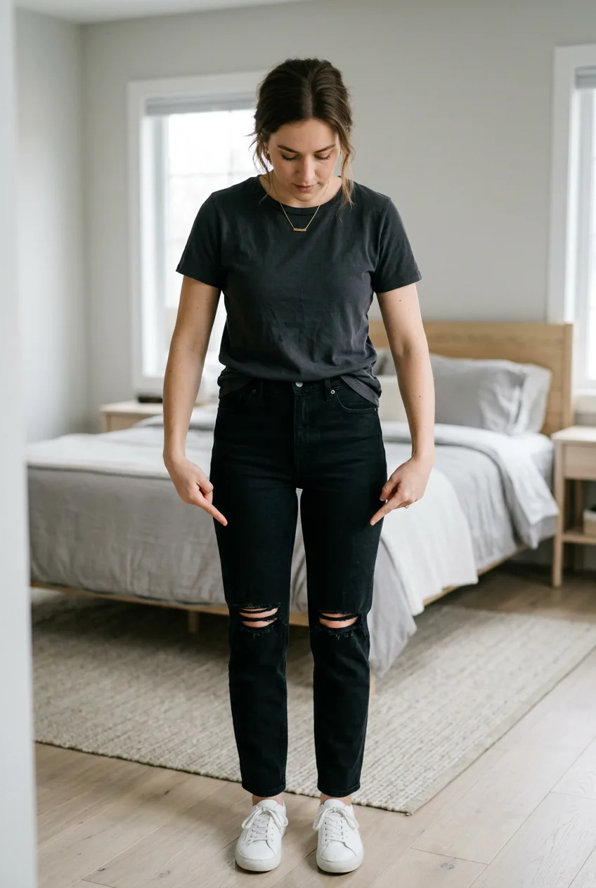 Woman wearing strategically ripped black jeans with controlled distressing at knees and thigh areas