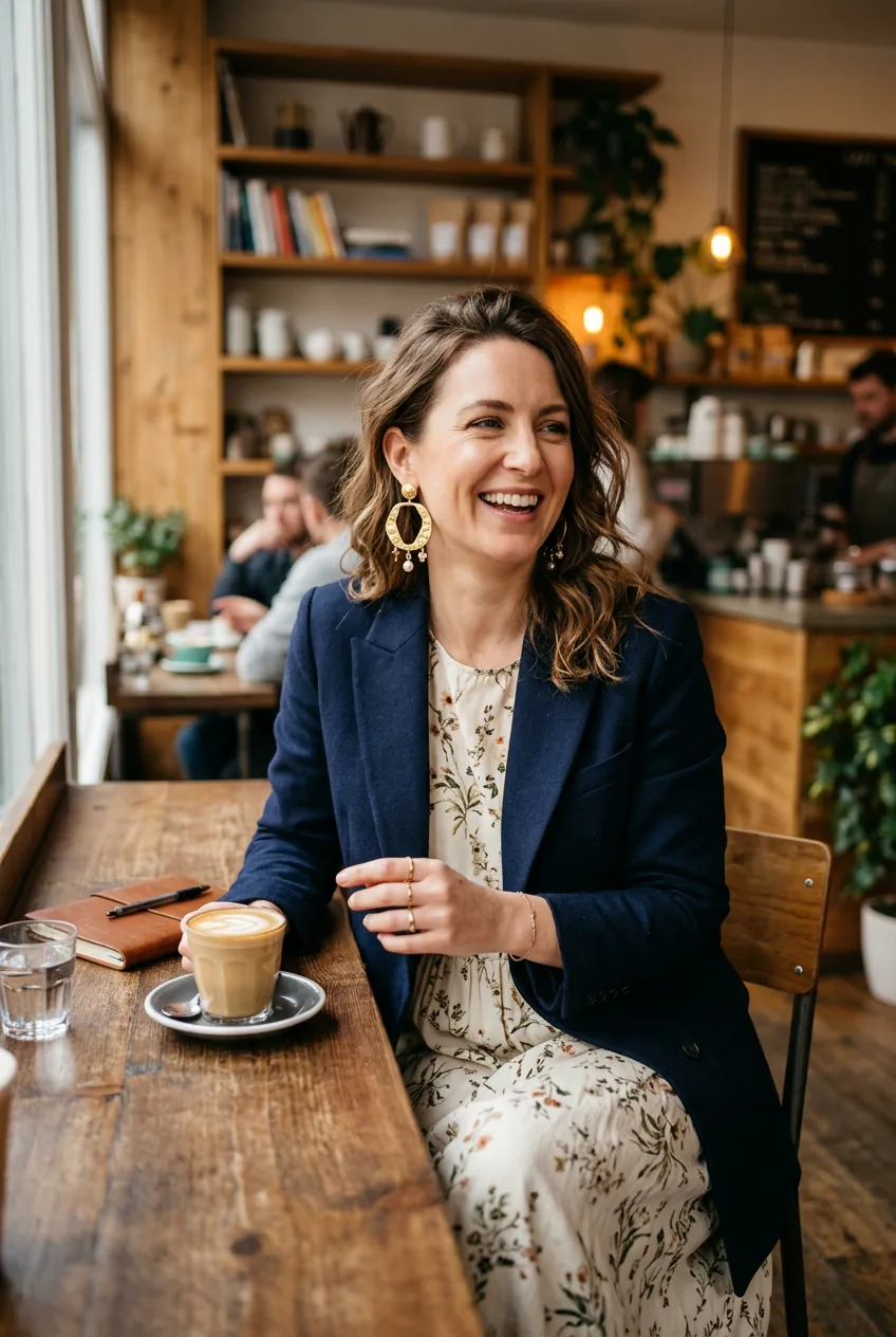 Woman in structured blazer with casual dress and statement earrings in coffee shop