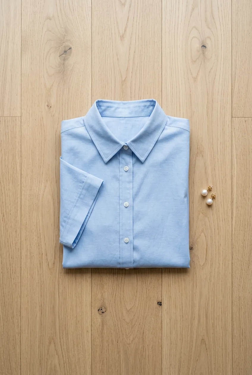 Light blue structured cotton blouse folded neatly showing clean lines and tailored details