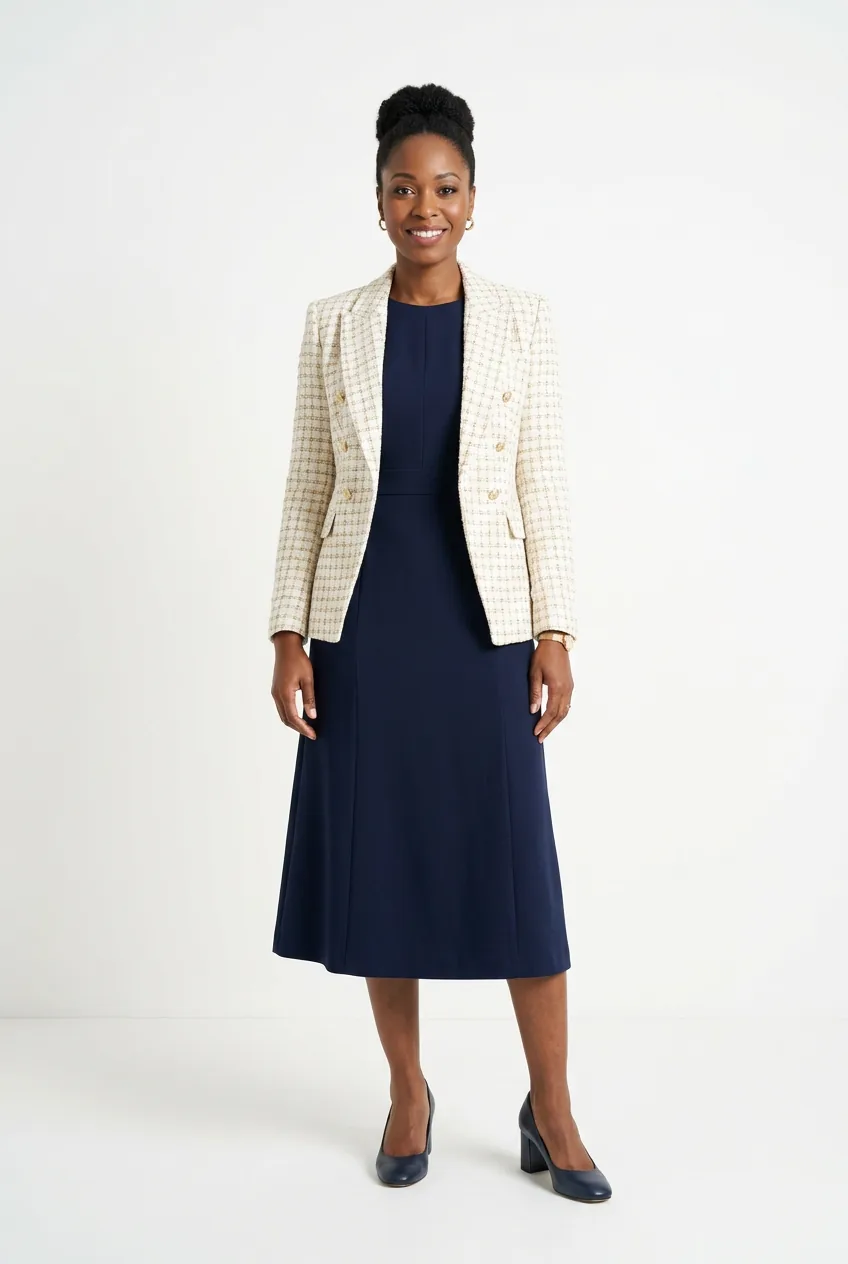 Woman wearing structured navy dress with statement blazer and professional block heel shoes