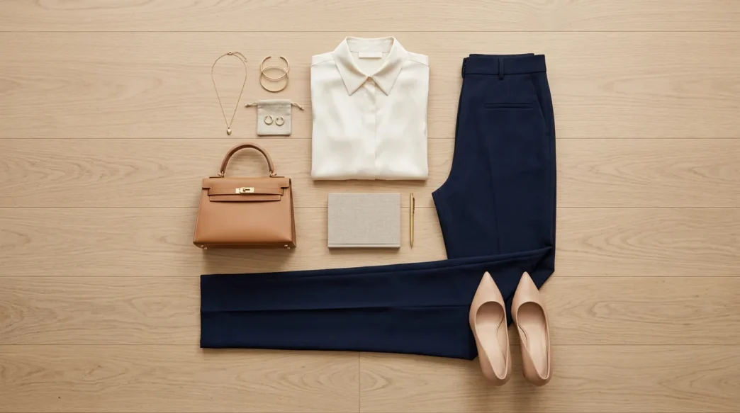 Structured cream silk blouse folded with dark navy trousers and nude pumps arranged on light wood floor