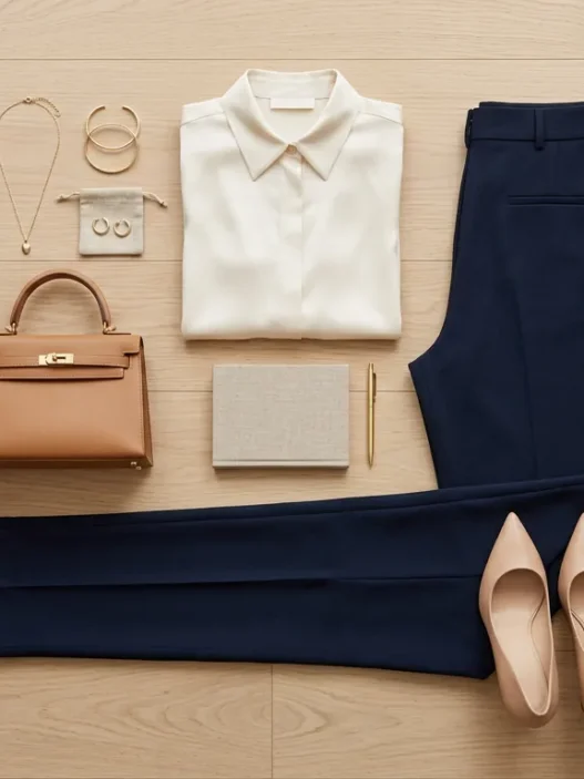 Structured cream silk blouse folded with dark navy trousers and nude pumps arranged on light wood floor