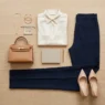 Structured cream silk blouse folded with dark navy trousers and nude pumps arranged on light wood floor