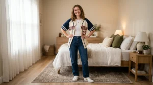 Woman in softly lit bedroom wearing styled baseball jersey outfit with confident pose and hands on hips