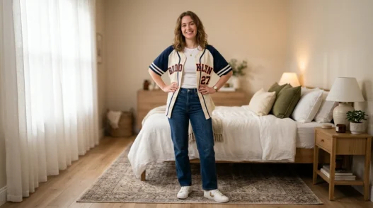 Woman in softly lit bedroom wearing styled baseball jersey outfit with confident pose and hands on hips