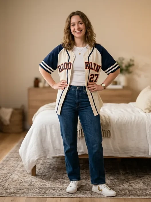 Woman in softly lit bedroom wearing styled baseball jersey outfit with confident pose and hands on hips