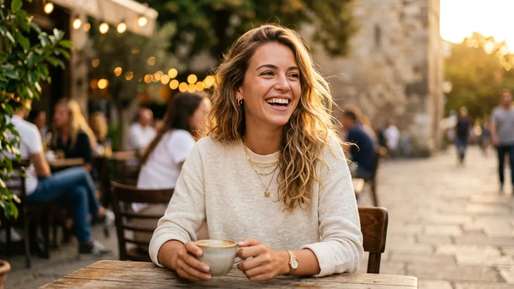 Woman in styled everyday outfit with natural lighting and warm tones in lifestyle portrait