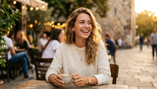 Woman in styled everyday outfit with natural lighting and warm tones in lifestyle portrait