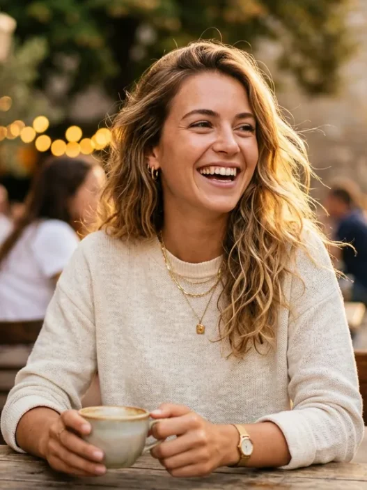 Woman in styled everyday outfit with natural lighting and warm tones in lifestyle portrait