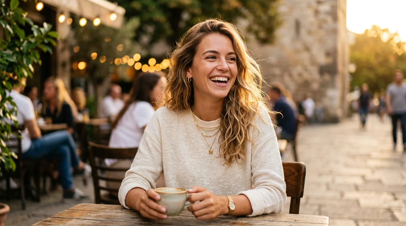 Woman in styled everyday outfit with natural lighting and warm tones in lifestyle portrait