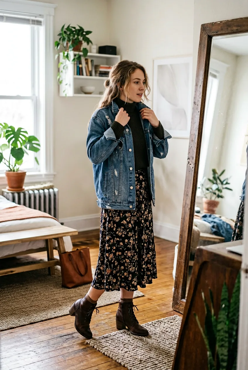 Woman experimenting with ankle boots and casual denim jacket styling options