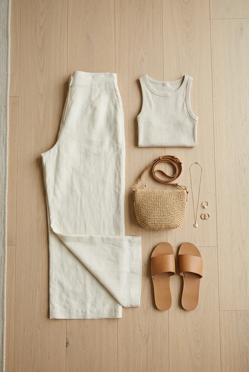 Summer casual outfit with cream linen pants, cotton tank, leather sandals and straw bag on wood floor