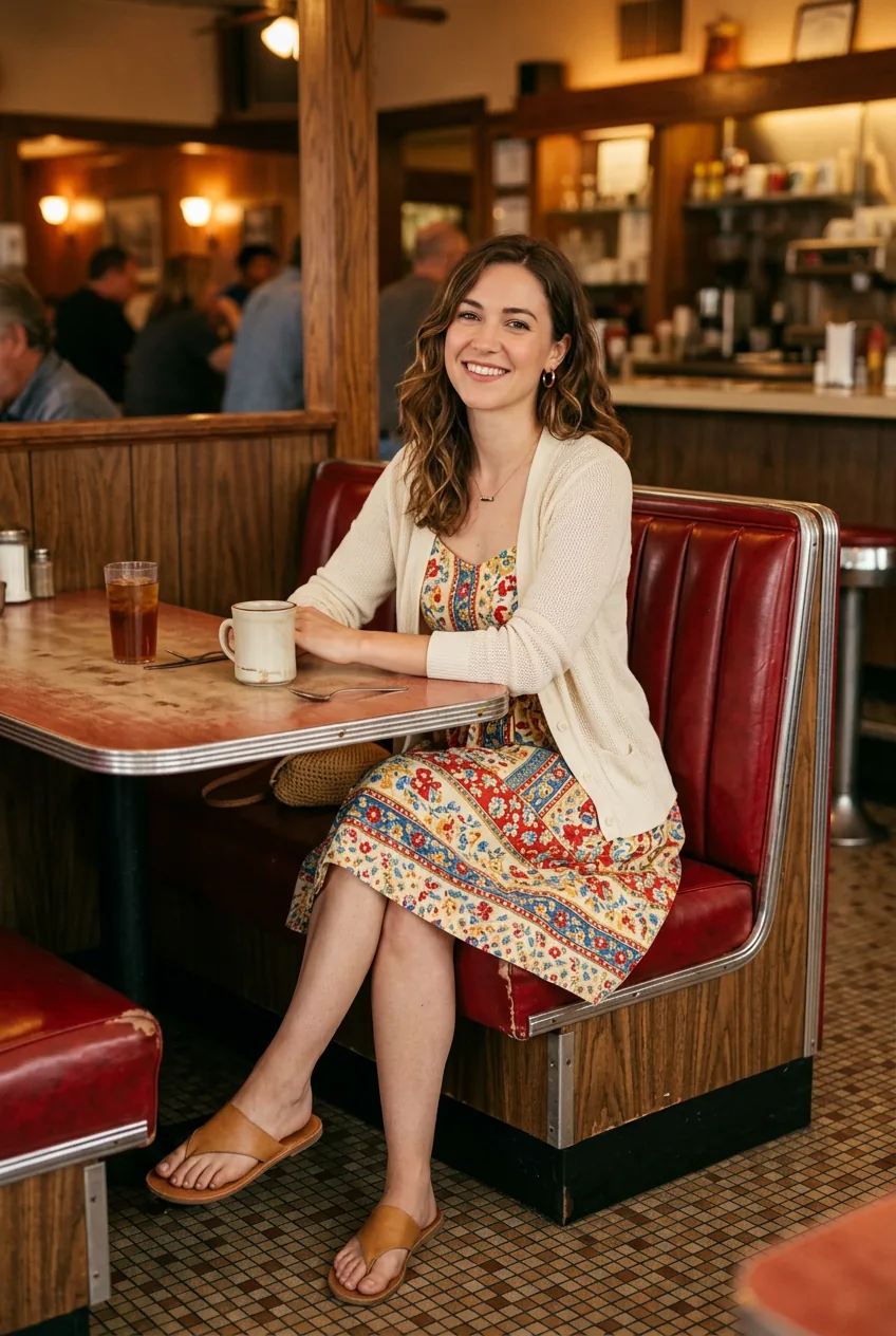 Woman wearing printed sundress with flat sandals and lightweight cardigan for BBQ