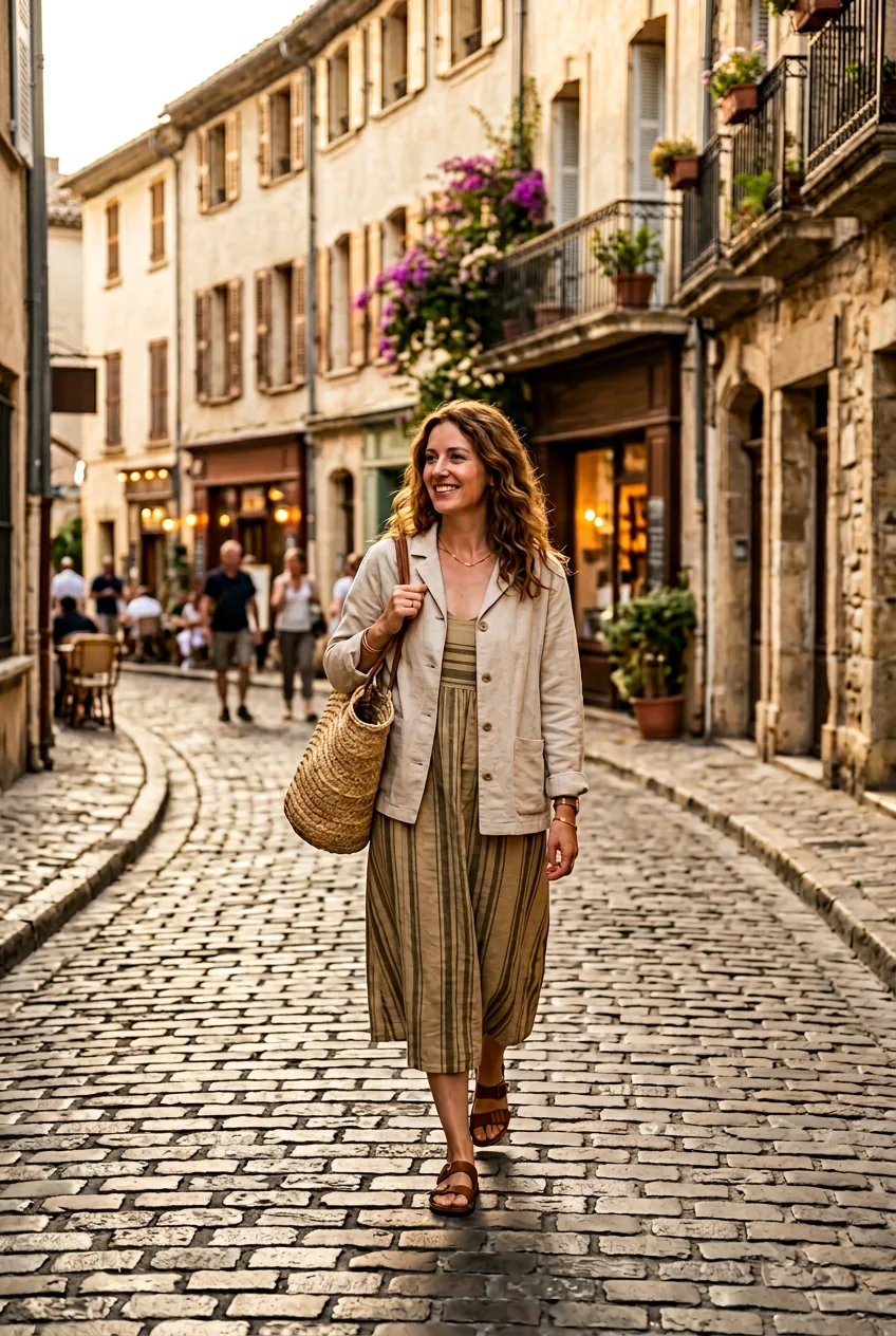 Woman in sustainable fashion pieces made from natural fabrics walking cobblestone street
