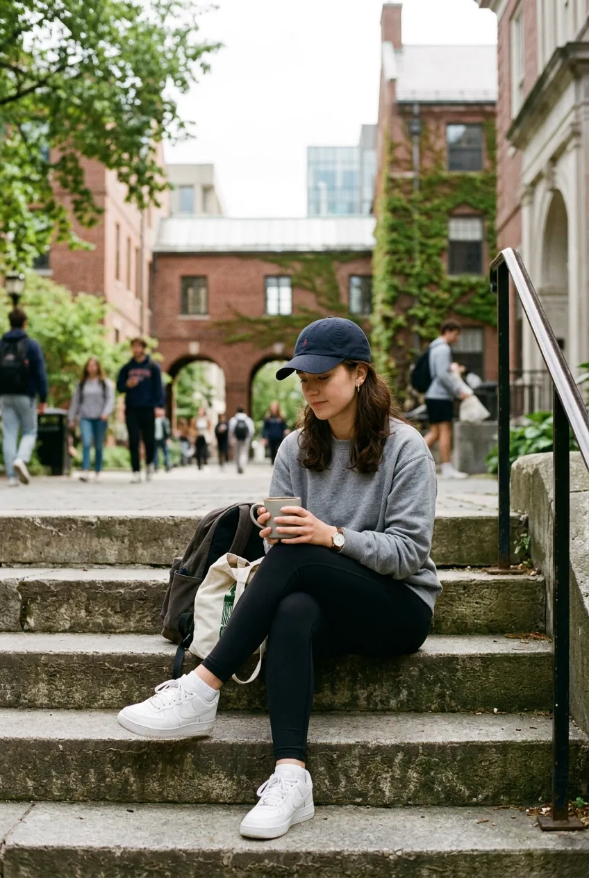 Woman in crew neck sweatshirt with baseball cap sitting on outdoor steps
