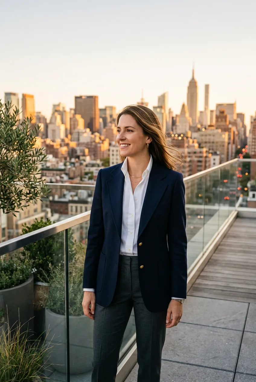 Woman wearing navy blazer with white shirt showcasing quality tailoring and fabric drape