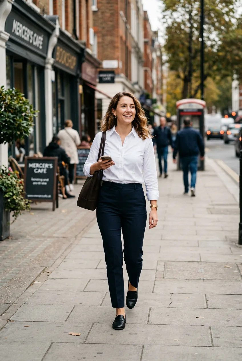 Woman wearing tailored pants and button-down shirt walking professionally on urban street
