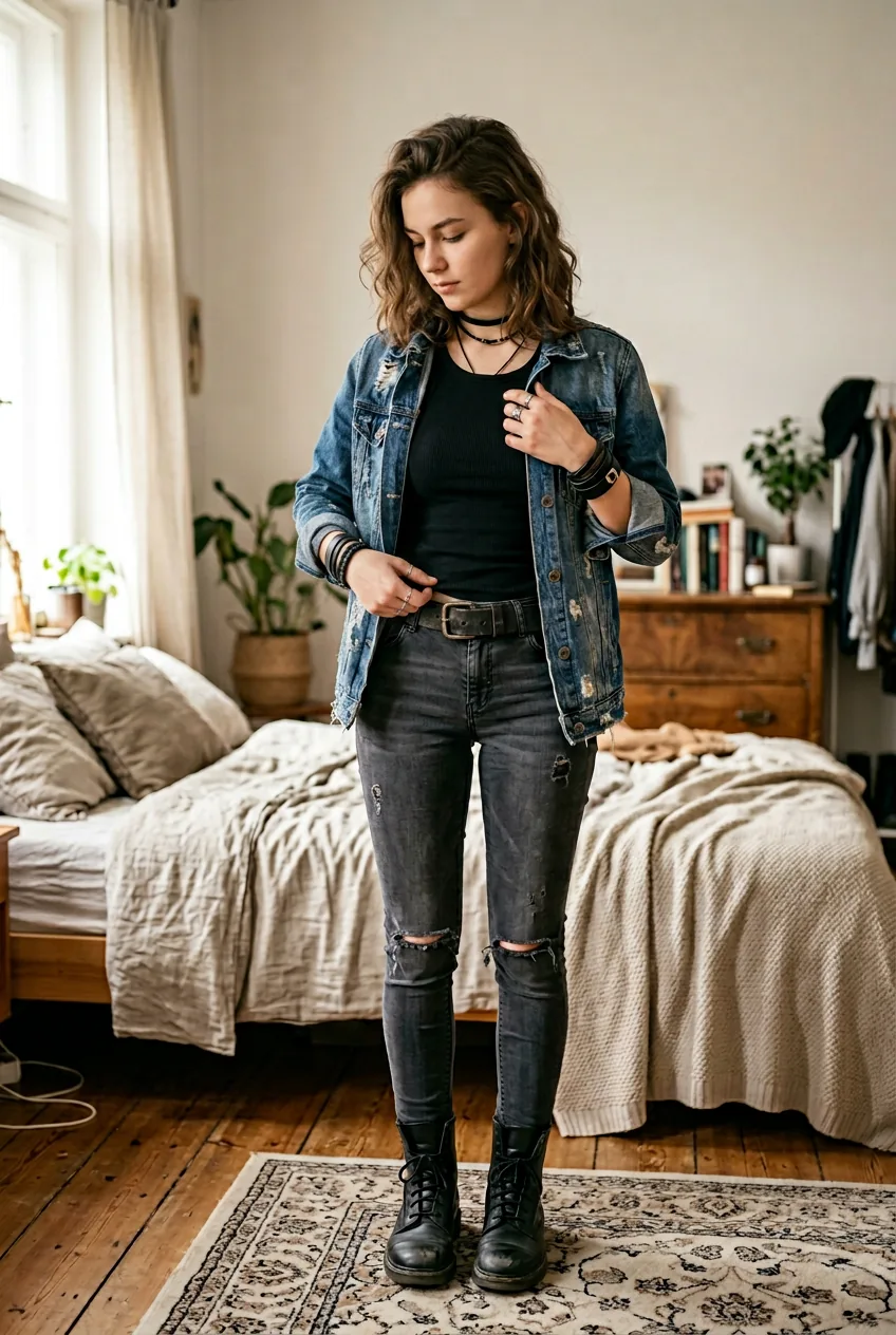 Woman wearing multiple textured pieces including ribbed cotton, denim, and leather in layered grunge outfit
