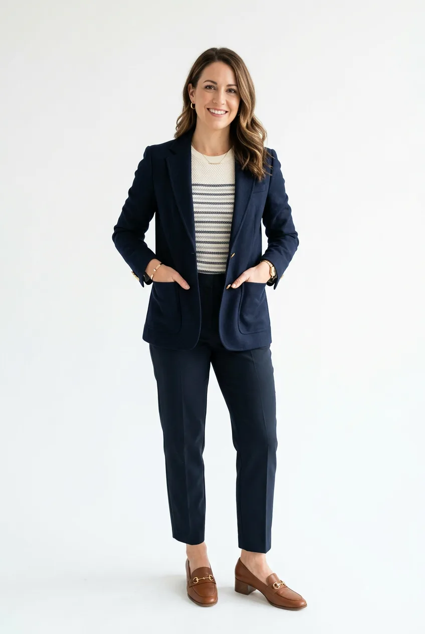 Woman in textured stripe knit top with tailored ankle pants and functional blazer with pockets