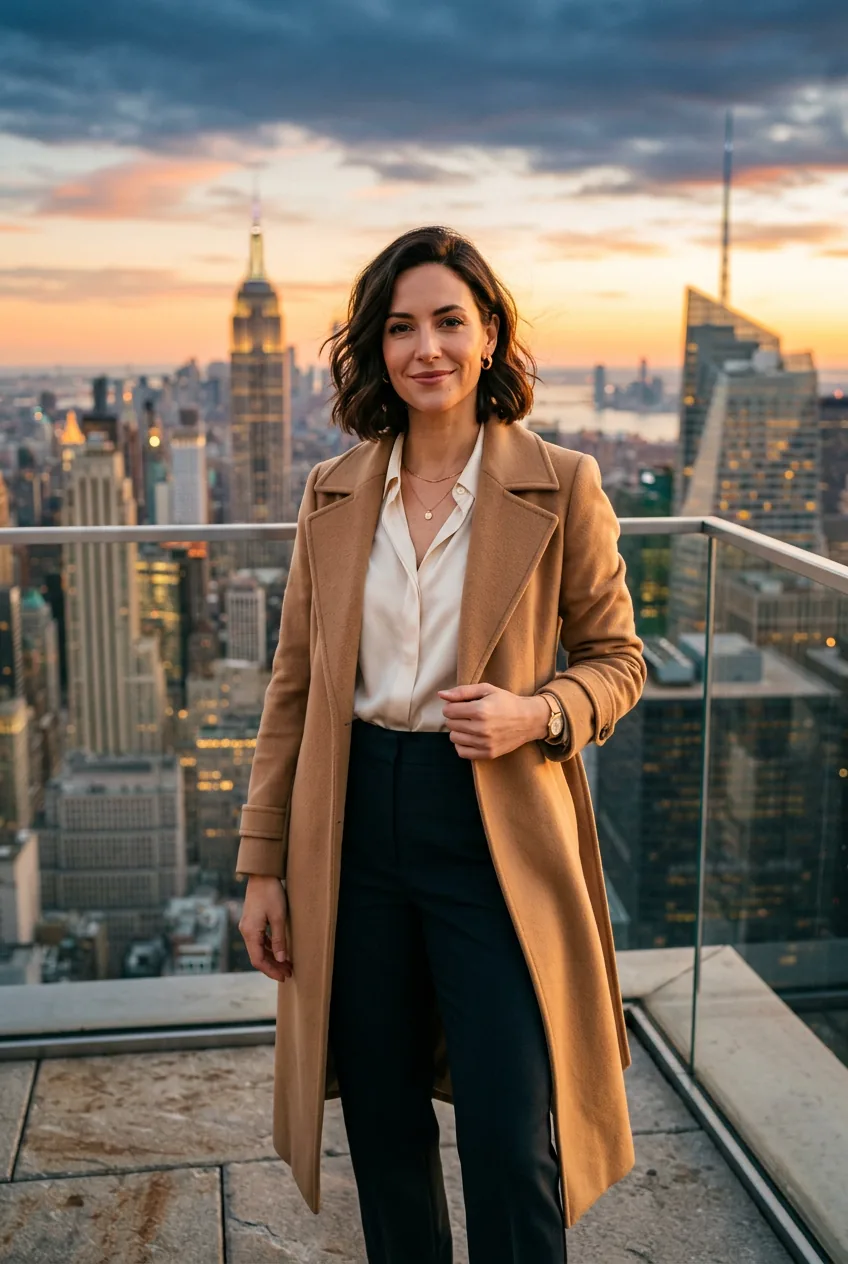 Woman in camel trench coat over cream blouse demonstrating timeless neutral styling