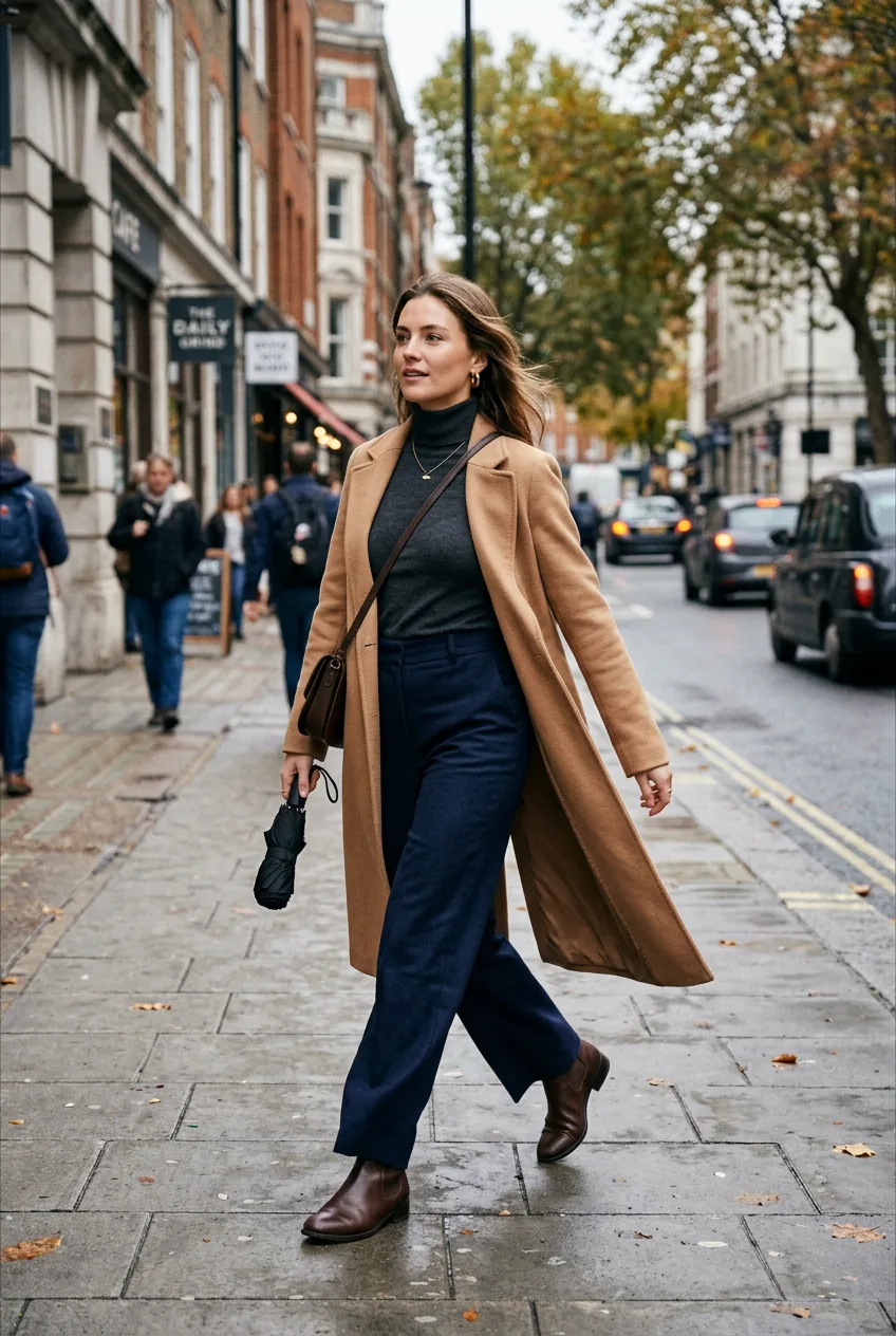 Woman wearing fitted turtleneck and wide-leg trousers walking on urban street in winter styling
