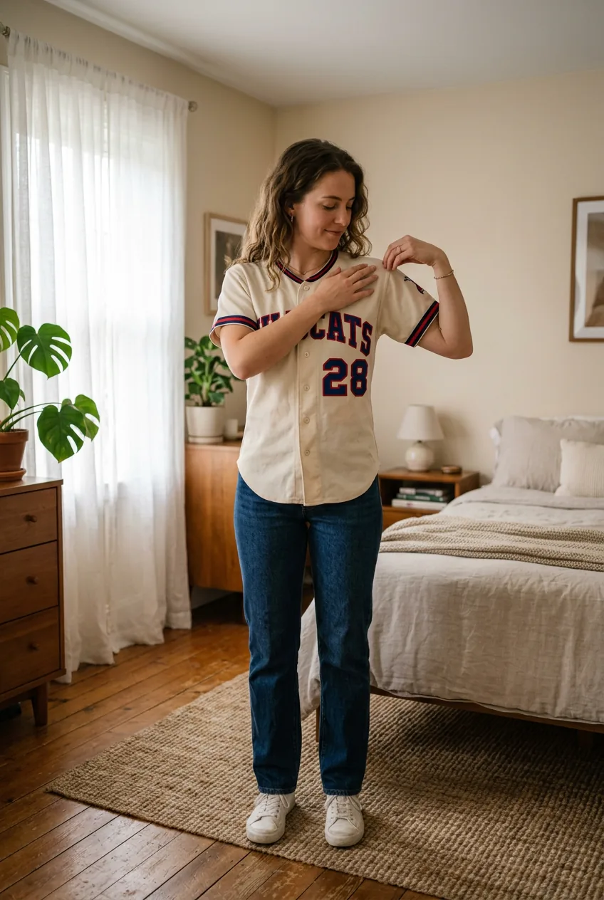 Woman wearing well-fitted vintage baseball jersey showing proper shoulder seam placement and length