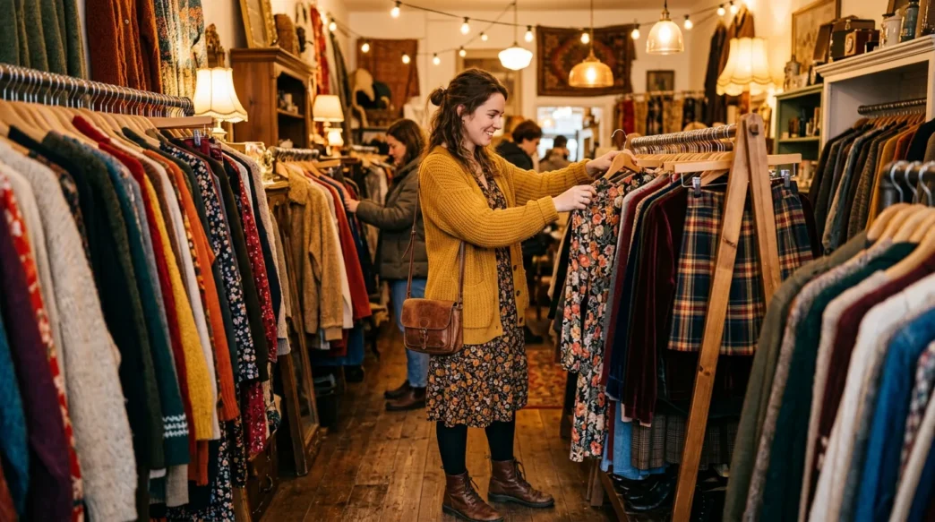 Woman browsing clothing racks in warmly lit vintage boutique with styled outfit visible