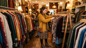 Woman browsing clothing racks in warmly lit vintage boutique with styled outfit visible
