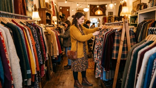 Woman browsing clothing racks in warmly lit vintage boutique with styled outfit visible