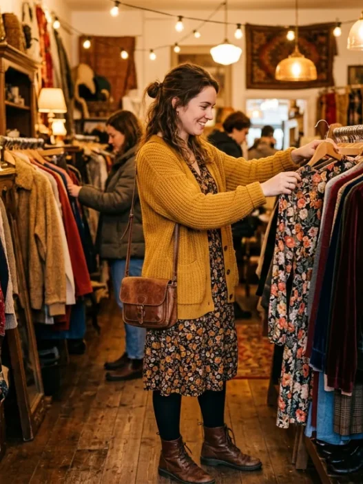 Woman browsing clothing racks in warmly lit vintage boutique with styled outfit visible