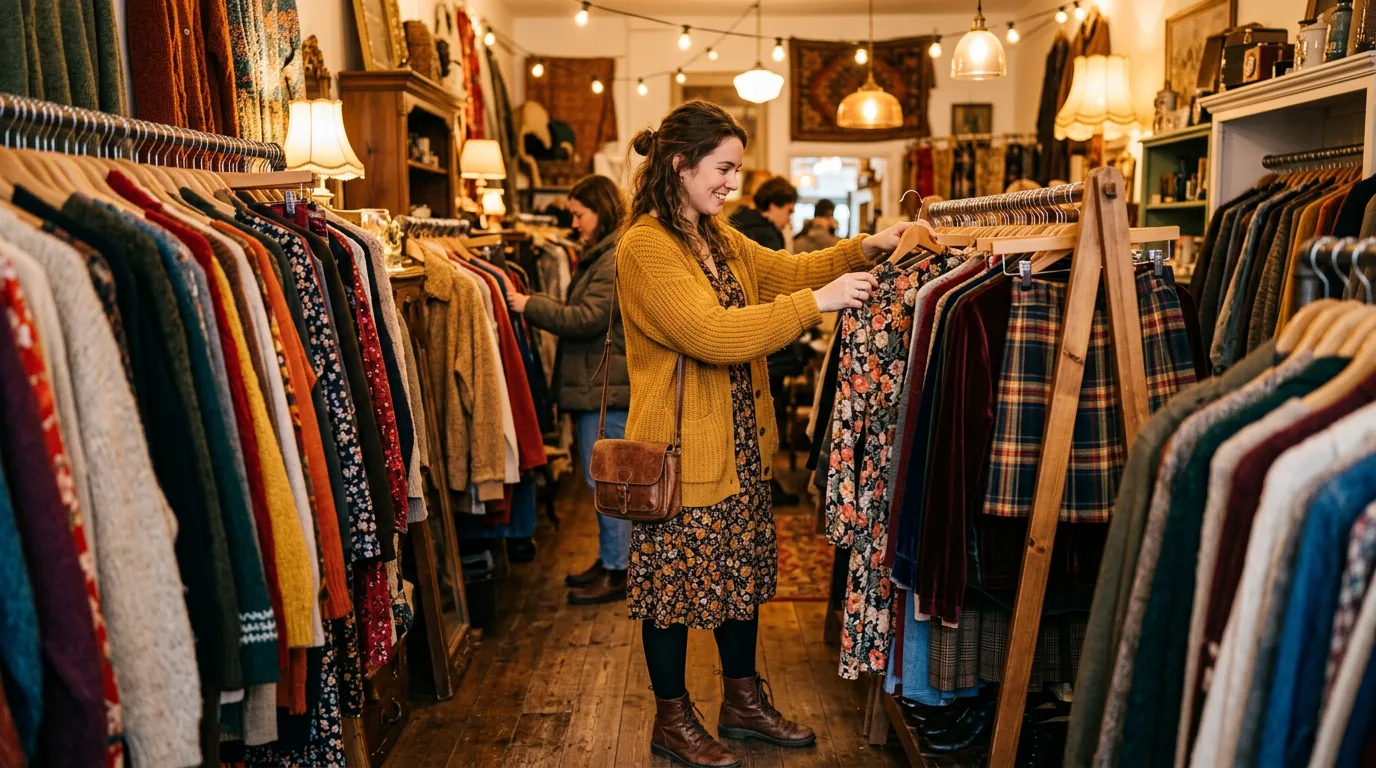 Woman browsing clothing racks in warmly lit vintage boutique with styled outfit visible