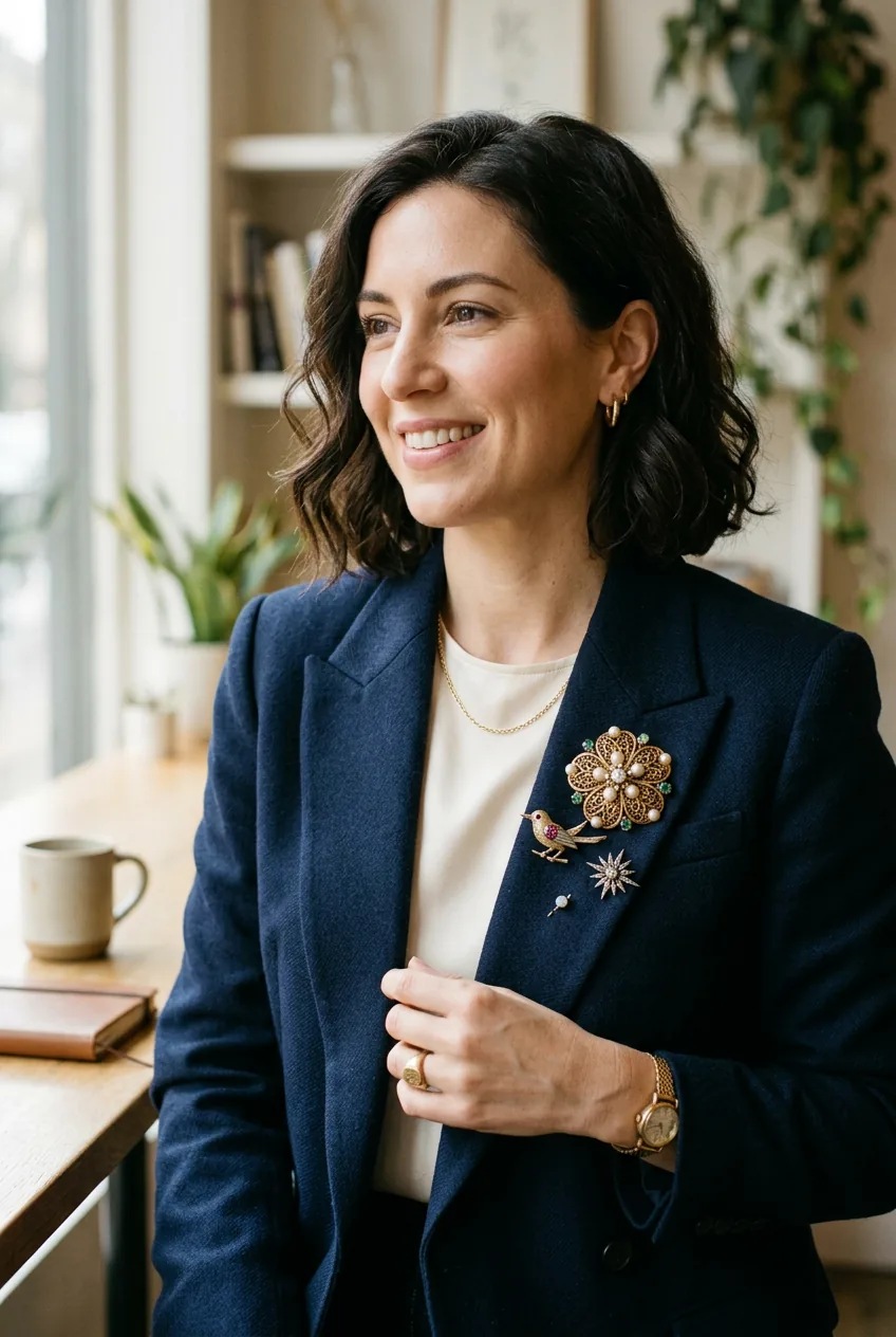 Close-up of vintage brooch pinned on navy blazer lapel showing personality detail in formal wear