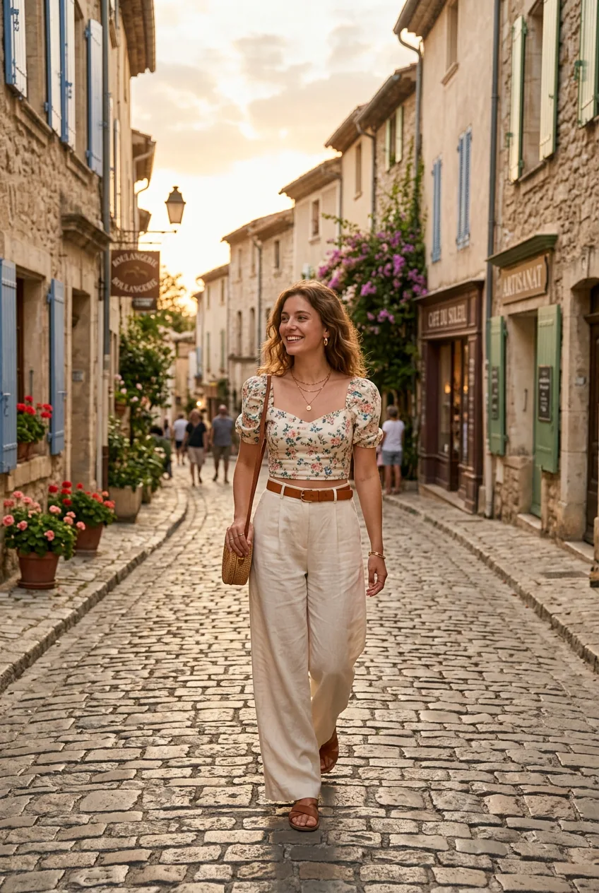 Woman in vintage-inspired floral crop top with high-waisted wide leg pants on street