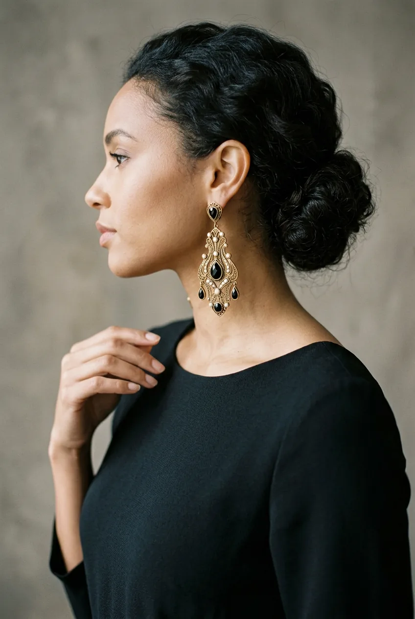 Woman wearing vintage statement earrings as only jewelry with black dress and elegant updo