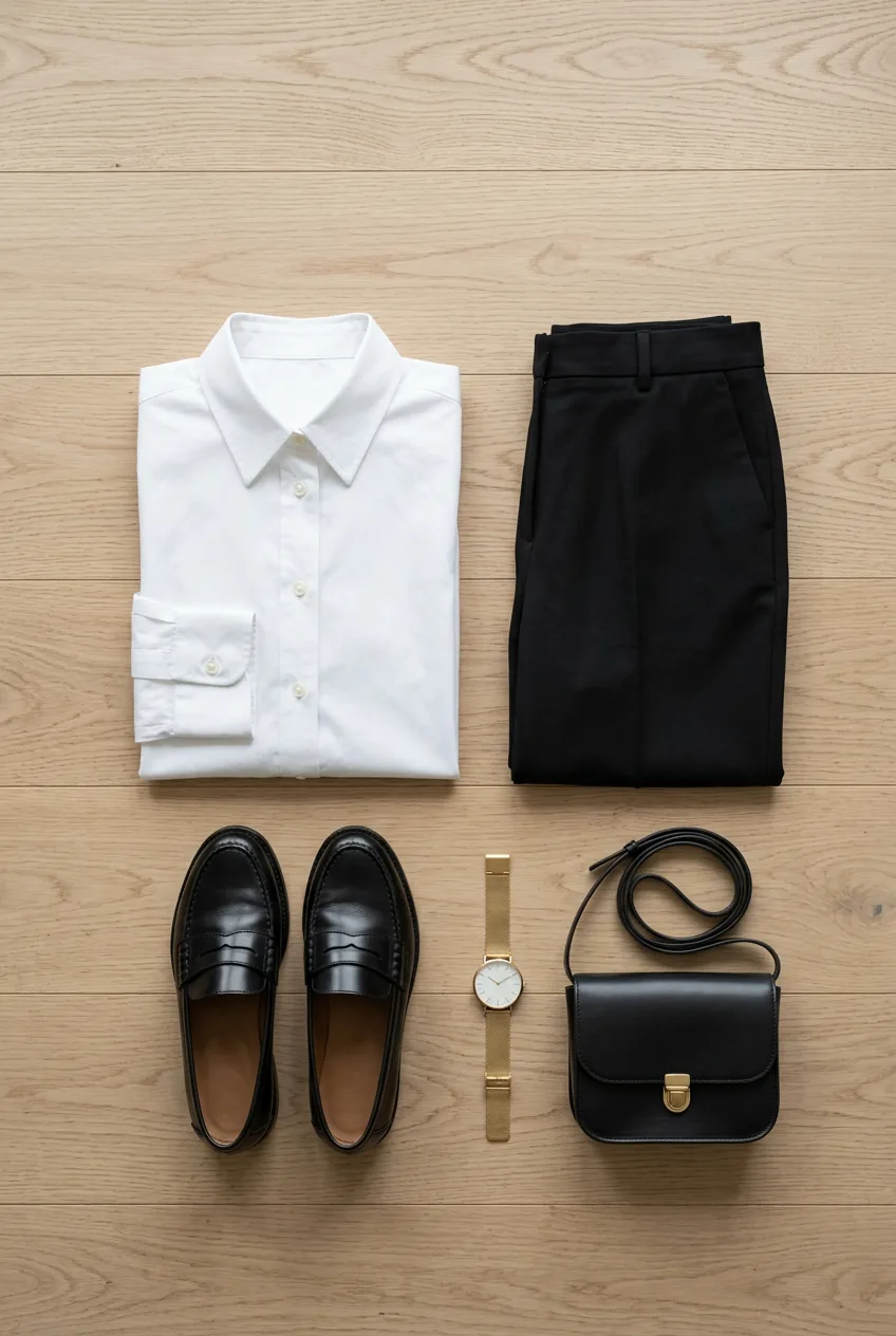 White cotton button-down shirt with black tailored trousers and leather loafers in flat lay arrangement