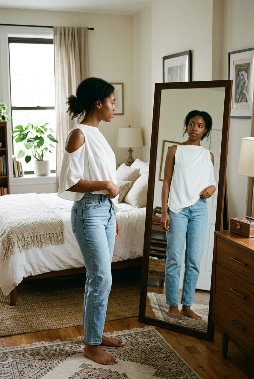 Woman examining white asymmetrical draped top with one shoulder detail in bedroom mirror