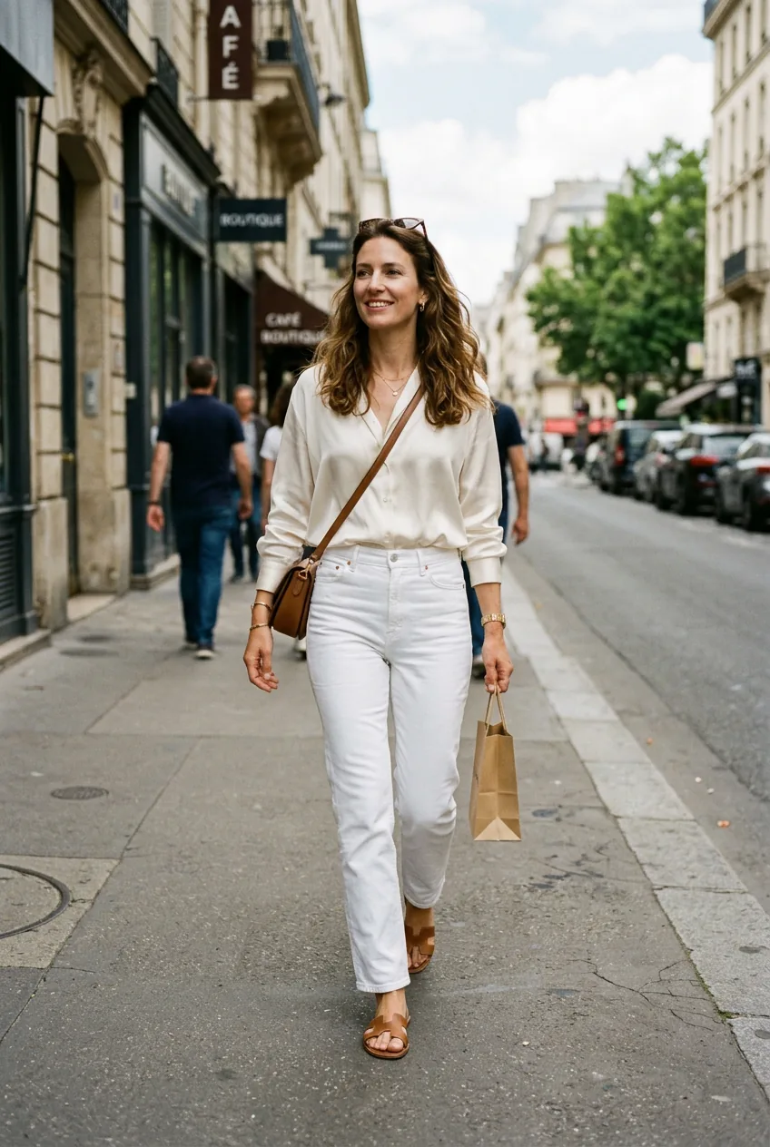 Woman wearing white jeans and silk blouse walking on city sidewalk in natural daylight