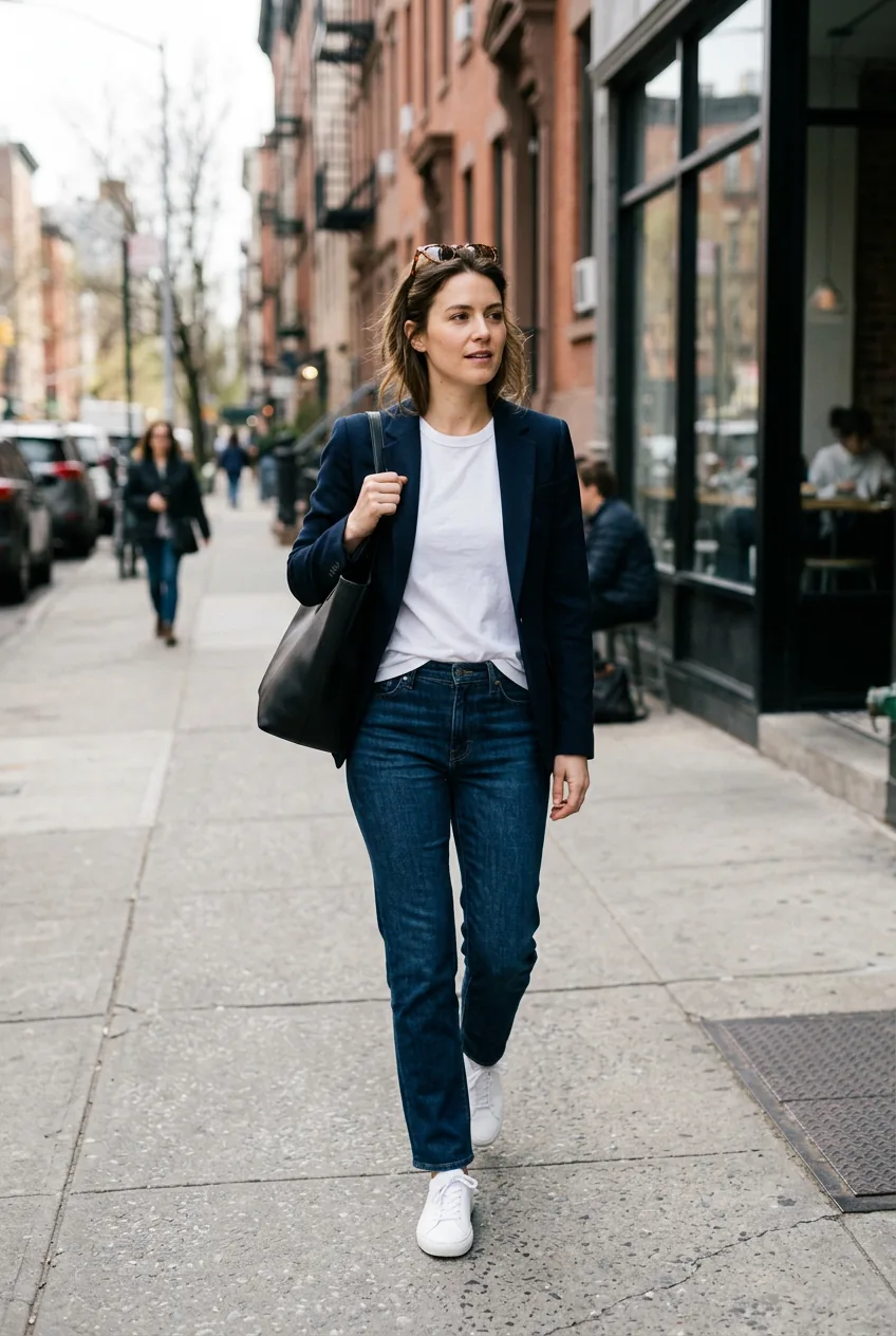 Woman wearing white tee and blazer walking on urban sidewalk in versatile everyday outfit