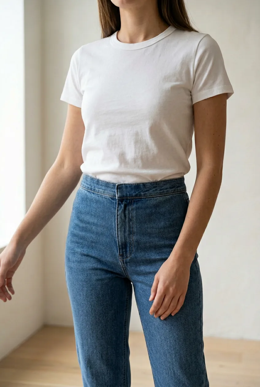 Woman's torso showing white cotton t-shirt tucked into high-waisted jeans with clean lines