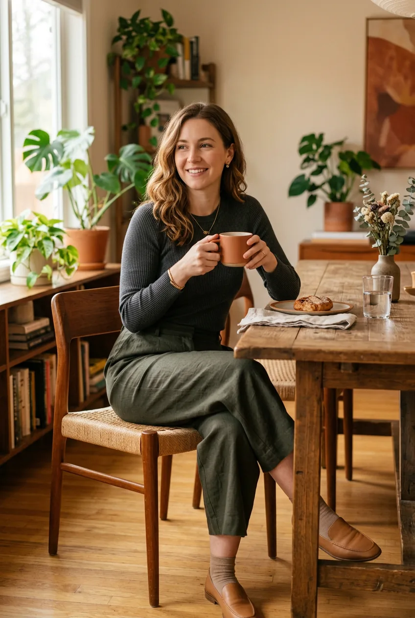 Woman wearing wide-leg cropped pants with fitted long-sleeve top sitting at wooden dining table