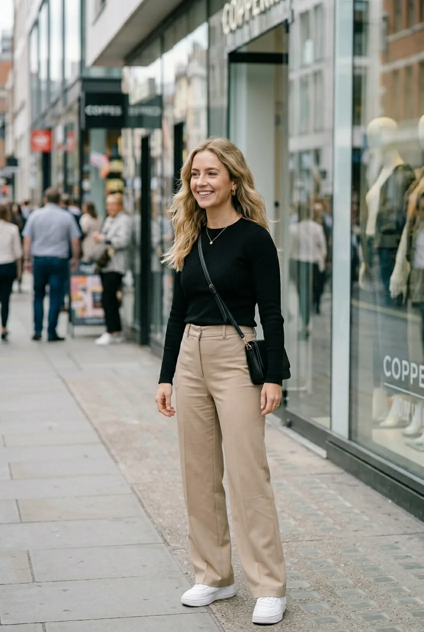 Woman wearing wide-leg trousers and chunky white sneakers walking past glass storefronts
