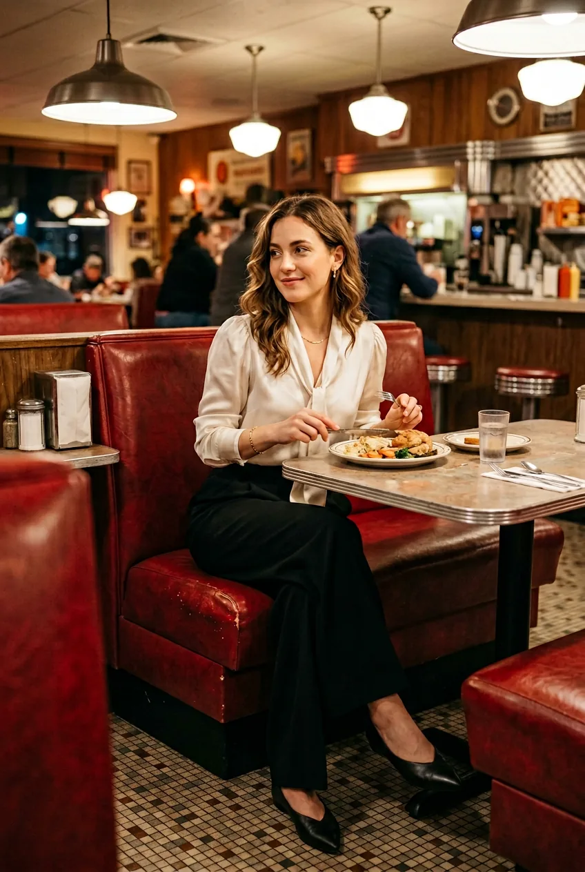 Woman wearing wide-leg black trousers with silk blouse and pointed flats for family dinner